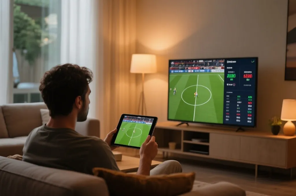 A modern living room with a person watching a live football match on a tablet with real-time stats display